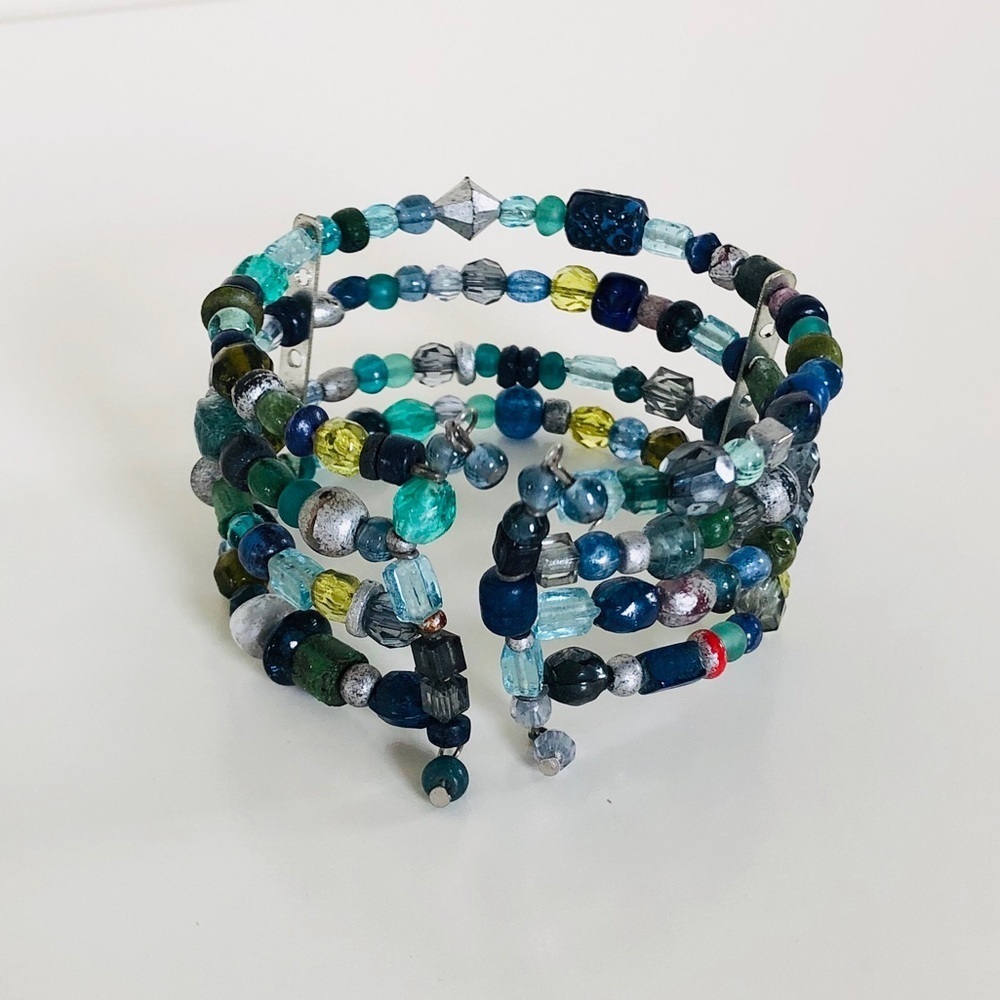 Beaded Flexible Cuff Bracelet with Blue & Green Multicolored Beads - Picture 8 of 8